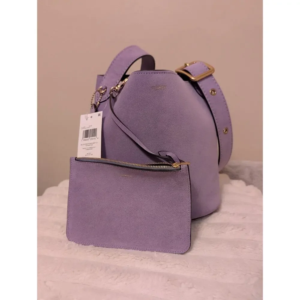 B1-001 Coach Bleecker Bucket Bag 21 Crossbody in Suede Violet Mist CCW84 + Pouch